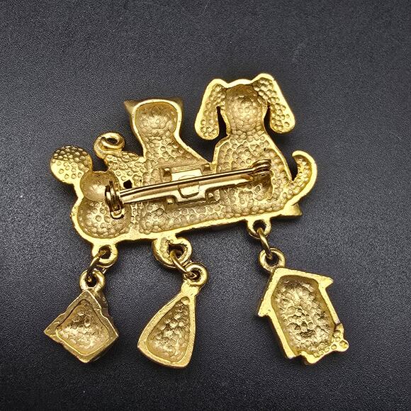 Cat Dog Mouse Brooch with Charms Gold Tone Animal Jewelry 1990s - Picture 5 of 6